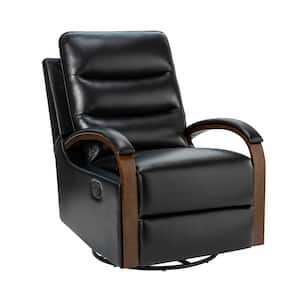 Joseph Black Genuine Leather Swivel Rocking Manual Recliner with Straight Tufted Back Cushion and Curved Mood Arms