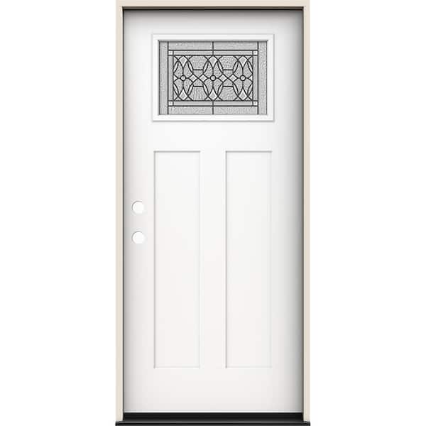 JELD-WEN 36 in. x 80 in. Right-Hand 1/4 Lite Craftsman Selwyn Decorative Glass Modern White Fiberglass Prehung Front Door