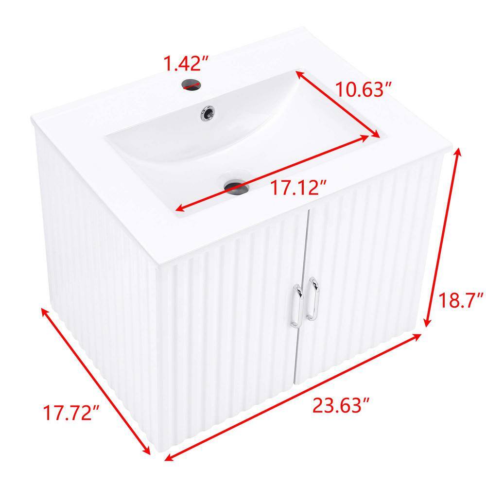 24" White Floating Bathroom Vanity with Ceramic Sink and Soft-Close Doors