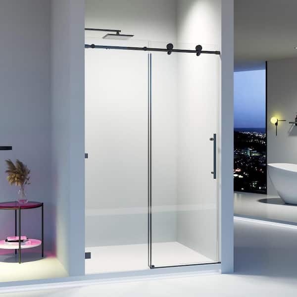 Vomlor 46-48 in. W x 76 in. H Frameless Sliding Shower Door in Matte Black with Clear Tempered Glass Stainless Steel Hardware