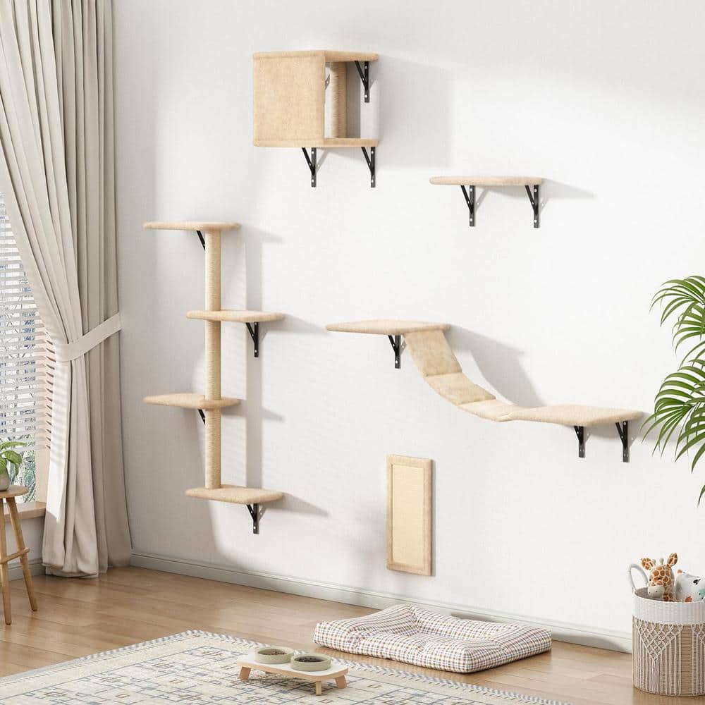 Beige Wall Mounted Cat Climber Set with Sisal Scratching Posts