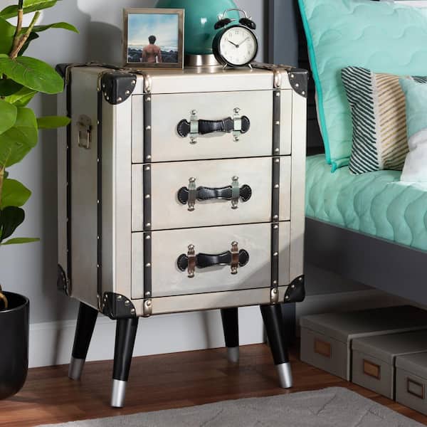 Baxton Studio Dilan 3-Drawer Silver Trunk Nightstand