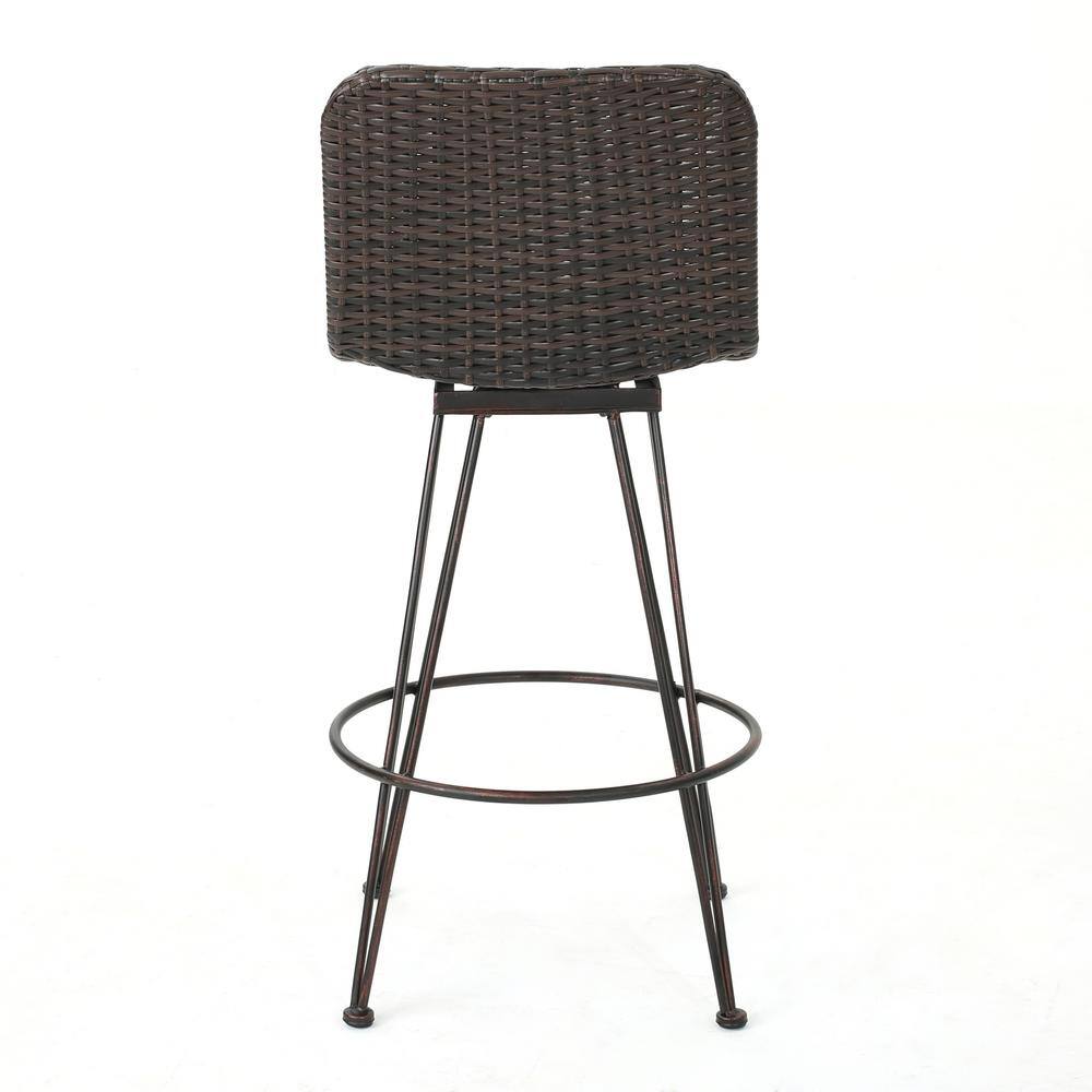 Teak Brown Wood and Metal Bar Set with Wicker Chairs