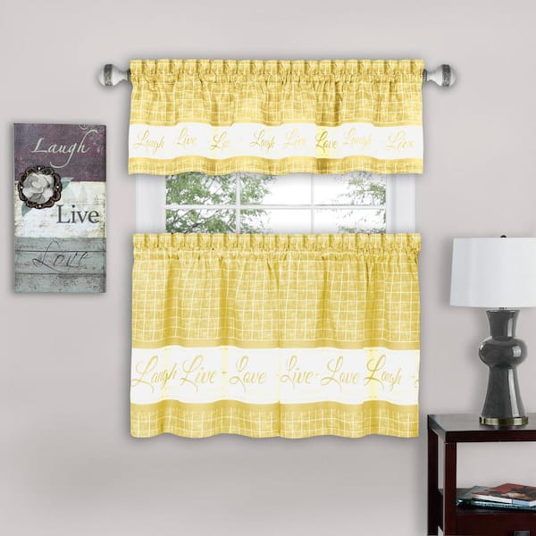 ACHIM Live, Love, Laugh Yellow Polyester Light Filtering Rod Pocket Tier and Valance Curtain Set 58 in. W x 36 in. L