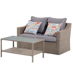 Brown 2-Piece Wicker Patio Conversation Set with Gray Cushions