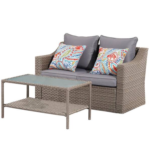 Tenleaf Brown 2-Piece Wicker Patio Conversation Set with Gray Cushions
