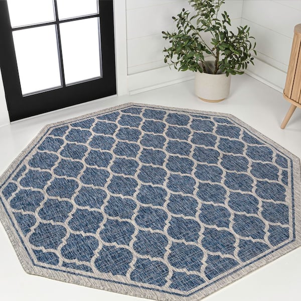 Trebol Moroccan Trellis Textured Weave Navy/Gray 8 ft. Octagon Indoor/Outdoor Area Rug