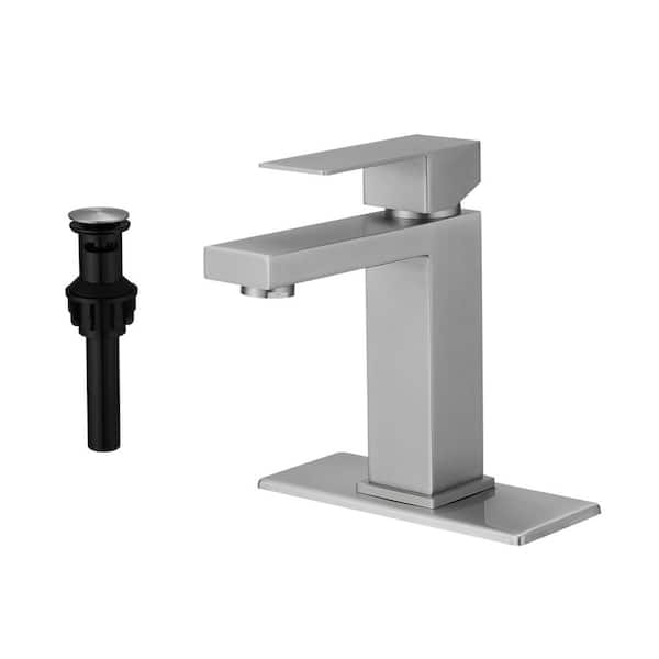 FLG Single Handle Single Hole Bathroom Faucet with Deckplate and Drain Kit Stainless Steel Sink Basin Taps in Brushed Nickel