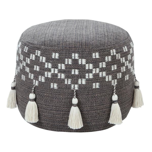 LR Home Scandinavian Gray / Ivory Woven Geometric Pouf Ottoman