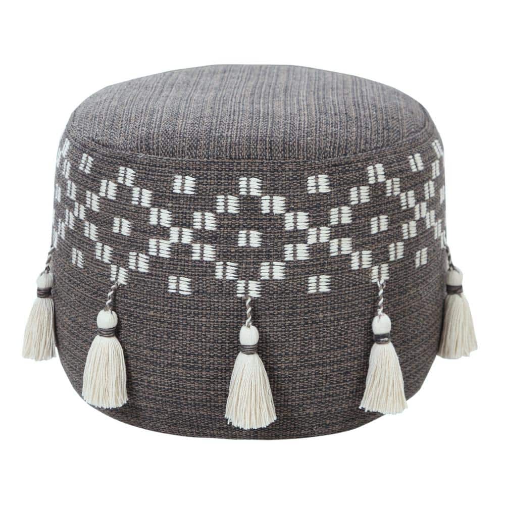 Scandinavian Gray / Ivory Woven Geometric Pouf Ottoman