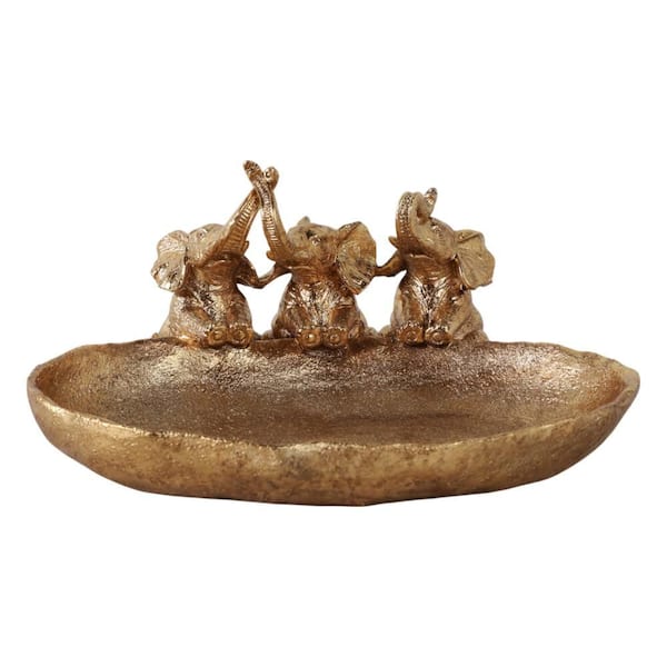Gold 12 in. x 9.5 in. Resin Round Decorative Bowl with 3 Elephants
