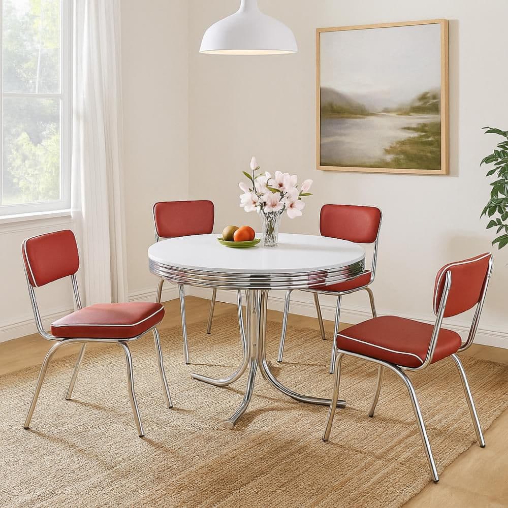 Loy 5-Piece Round White, Red and Silver Wood Top Dining Set Seat 4 price history on PriceWatchPro