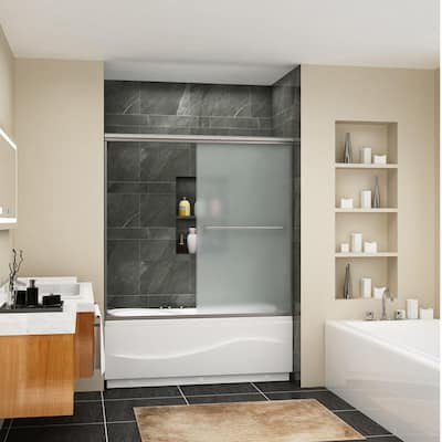 60 in. W x 57.4 in. H Sliding Semi Frameless Tub Door in Brushed Nickel with Frosted Glass