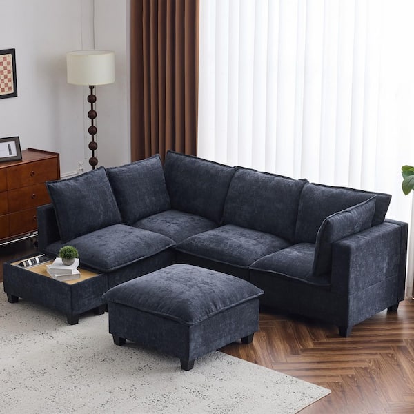 Trestlen 90 in. Chenille Upholstered Modular 5-Seater Sectional Sofa in. Blue with Coffee Table, Hidden Charging Ports