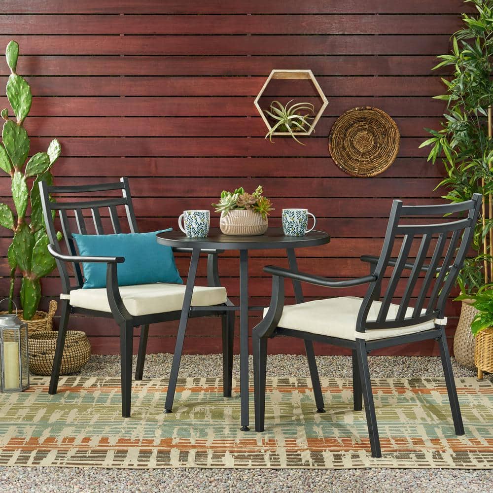 3-Piece Metal Outdoor Bistro Sets with Beige Cushion