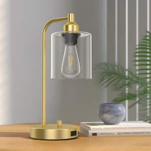 14 in. Industrial Gold Table Lamp with Glass Shade for Bedrooms Bedside Lamps with USB Port and Outlet (Bulb Included)