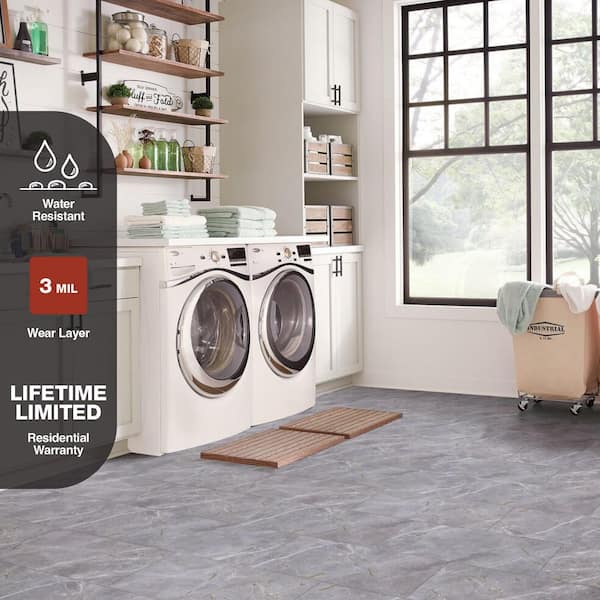 Grey Marble 3 MIL x 24 in. W x 12 in. L Peel and Stick Water Resistant Vinyl Tile Flooring 30 sq. ft.