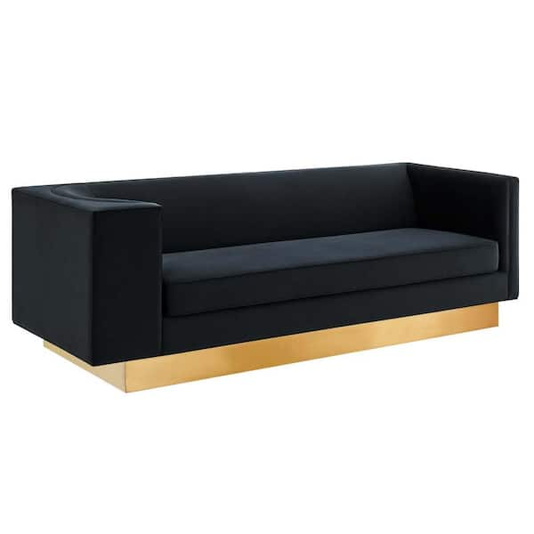 MODWAY Eminence 89.5" in. Square Arms Performance Velvet Tuxedo Straight Sofa in Black