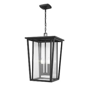 3-Light Black Outdoor Pendant Light with Clear Glass Shade