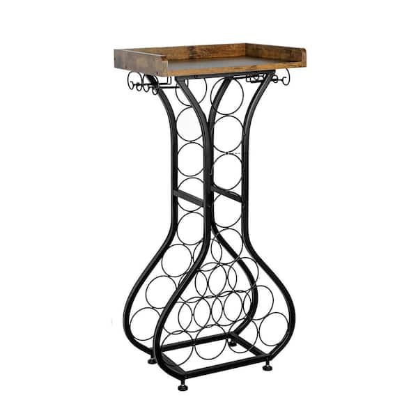 Rustic Wood Floor Standing Wine Glass Rack with Liquor Cabinet Tabletop Holds 14 Bottles for Home Bar