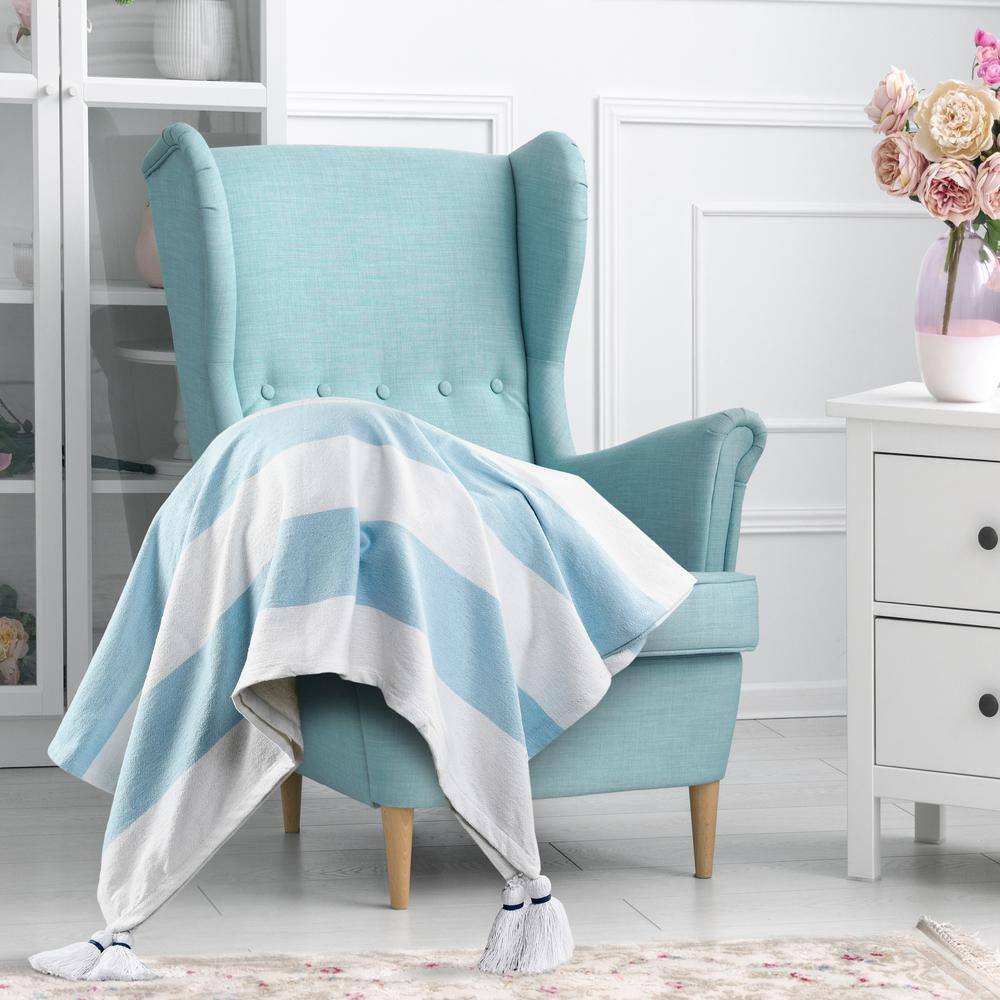 Corydalis Blue and White Striped Cotton Throw Blanket with Tassels