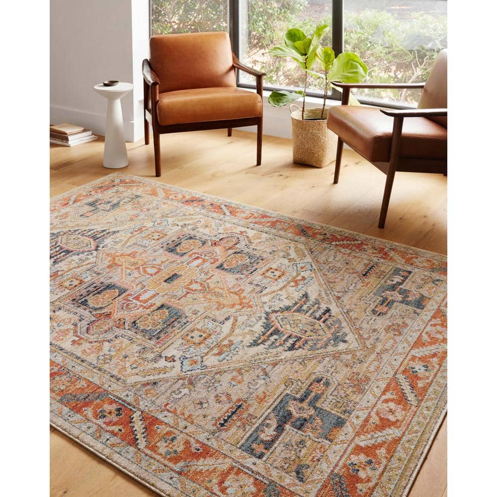 Antique-Inspired Sand and Multi Synthetic Area Rug, 6'7" x 9'7"