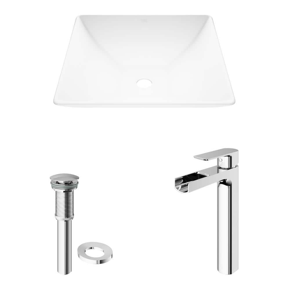 Modern Square Above-Counter Stone Bathroom Sink in White with Faucet