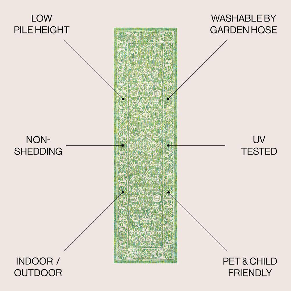 Tela Green and Cream Floral Flat Woven Runner Rug