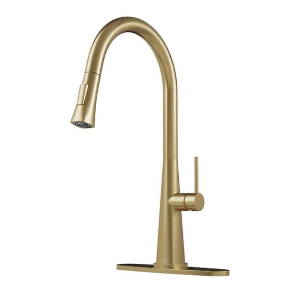 Boyel Living 2-Spray Patterns Single Handle Pull Down Sprayer Kitchen Faucet with Deckplate and Water Supply Hoses in Brushed Gold