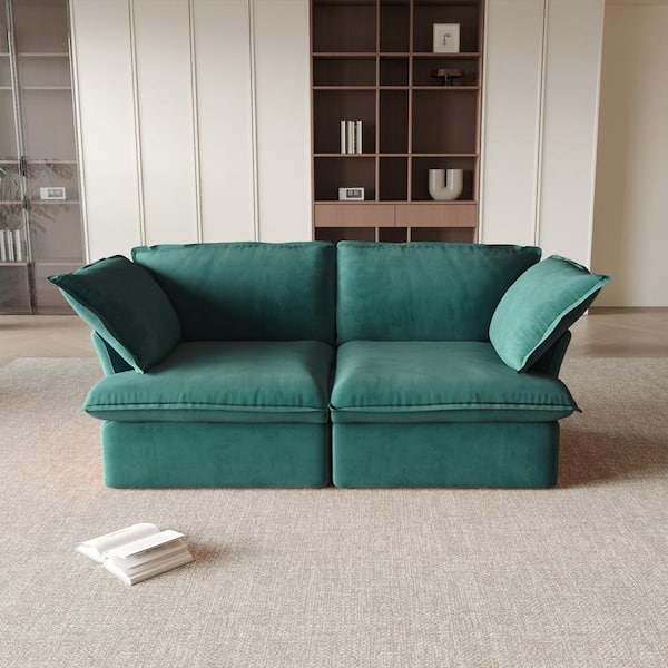 J&E Home 82.66 in. Green Linen 2-Seater Modular Free Combination Deep Seat Loveseat with Down-Filled Seat Cushions
