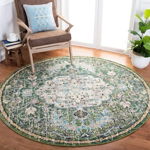 Madison Green/Turquoise 9 ft. x 9 ft. Border Geometric Floral Medallion Round Area Rug