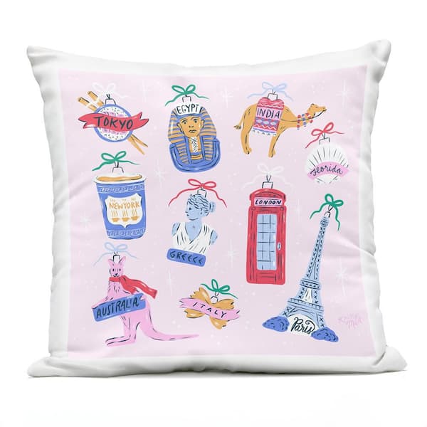 Global Travel Ornaments Pink Square Outdoor Throw Pillow