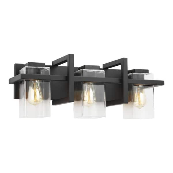 Mitte 24 in. 3-Light Matte Black Industrial Transitional Bathroom Vanity Light with Clear Glass Shade Panels