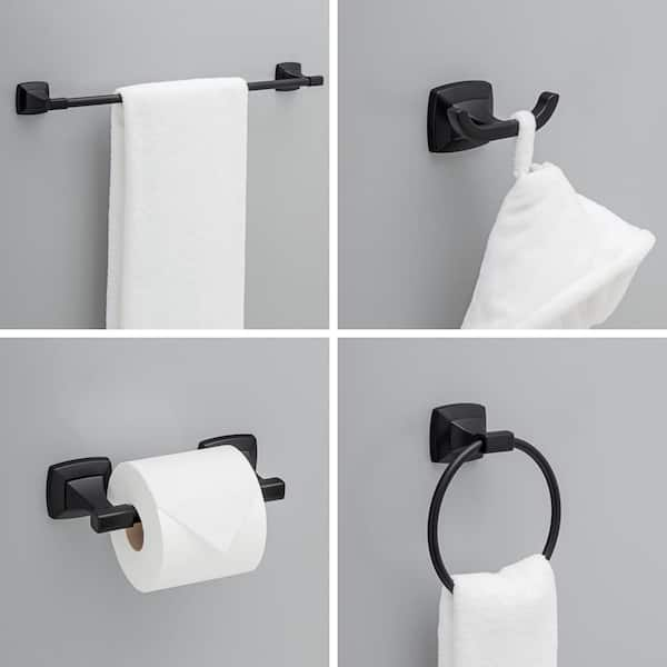 4-Piece Bath Hardware Set in Matte Black with Towel Ring Toilet Paper Holder Towel Hook and 24 in. Towel Bar