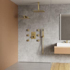 Thermostatic Valve 15-Spray 12 in. Square Ceiling Mount Dual Shower Head Shower System with 6-Jet in Brushed Gold