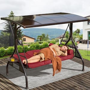 3-Seat Red Patio Porch Swing with Adjustable Hardtop, 3 in 1 Convertible Outdoor Porch Swing for Porch, Backyard, Garden