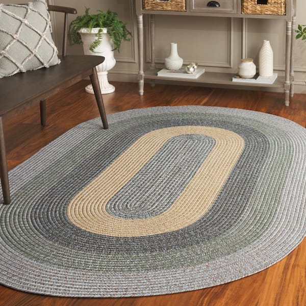 Braided Gray/Green 4 ft. x 6 ft. Machine Washable Solid Striped Border Oval Area Rug