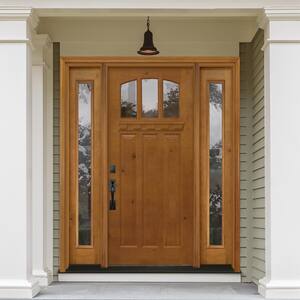60 in. x 80 in. Craftsman 3 Lite Arch Stained Knotty Alder Wood Prehung Front Door with Sidelites