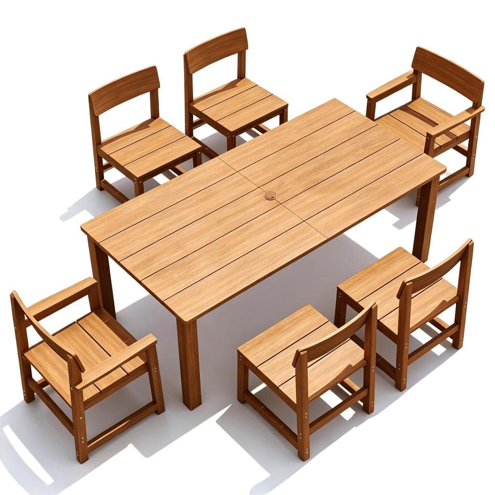 7-Piece Oak HIPS Plastic Outdoor Dining Set with Rectangular Table and Armchairs
