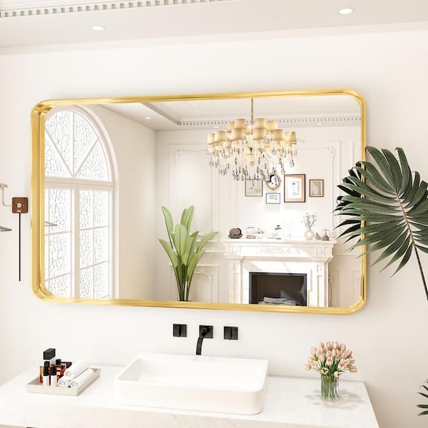 GLSLAND 30 in. W x 48 in. H Large Rectangular Metal Deep Framed Wall Bathroom Vanity Mirror Gold