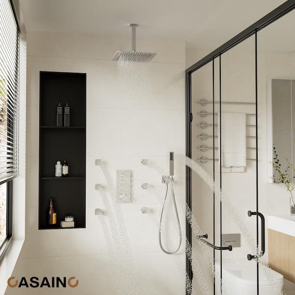 Thermostatic Square 3-Spray Patterns 12 in. Ceiling Mount Shower Faucet 1.8 GPM with 6-Jet in Brushed Nickel