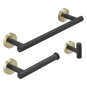 3-Piece Bath Hardware Set with Towel Hook and Toilet Paper Holder and Towel Bar Wall Mount Accessory Set in Black Gold