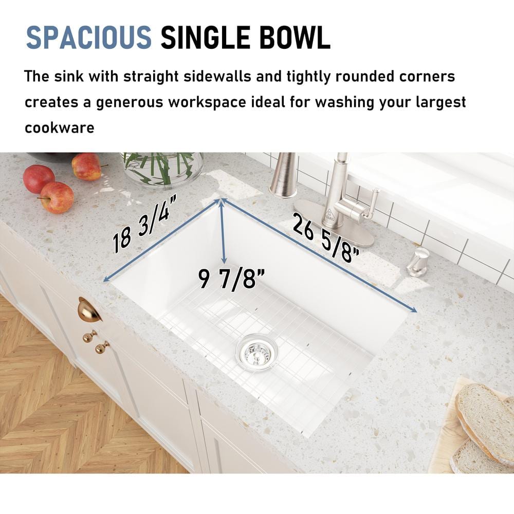Glossy White 27" Fireclay Single Bowl Drop-In Kitchen Sink