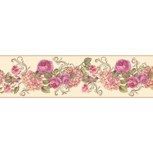 Falkirk Dandy Pink, Cream Roses, Hortensia, Scrolls Floral Peel and Stick Wallpaper Border