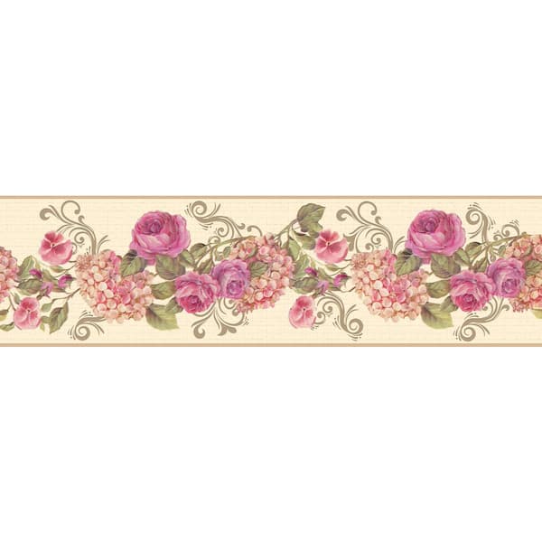Dundee Deco Falkirk Dandy Pink, Cream Roses, Hortensia, Scrolls Floral Peel and Stick Wallpaper Border