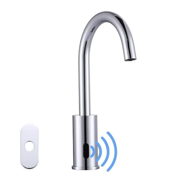 DC Powered Commercial Sensor Touchless Single Hole High-Arc Bathroom Faucet with Deck Plate in Polished Chrome
