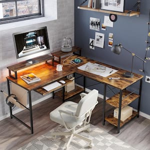 L Shaped Desk LED 95.2 in. Computer Corner Desk with Keyboard Tray Monitor Stand Rustic Brown