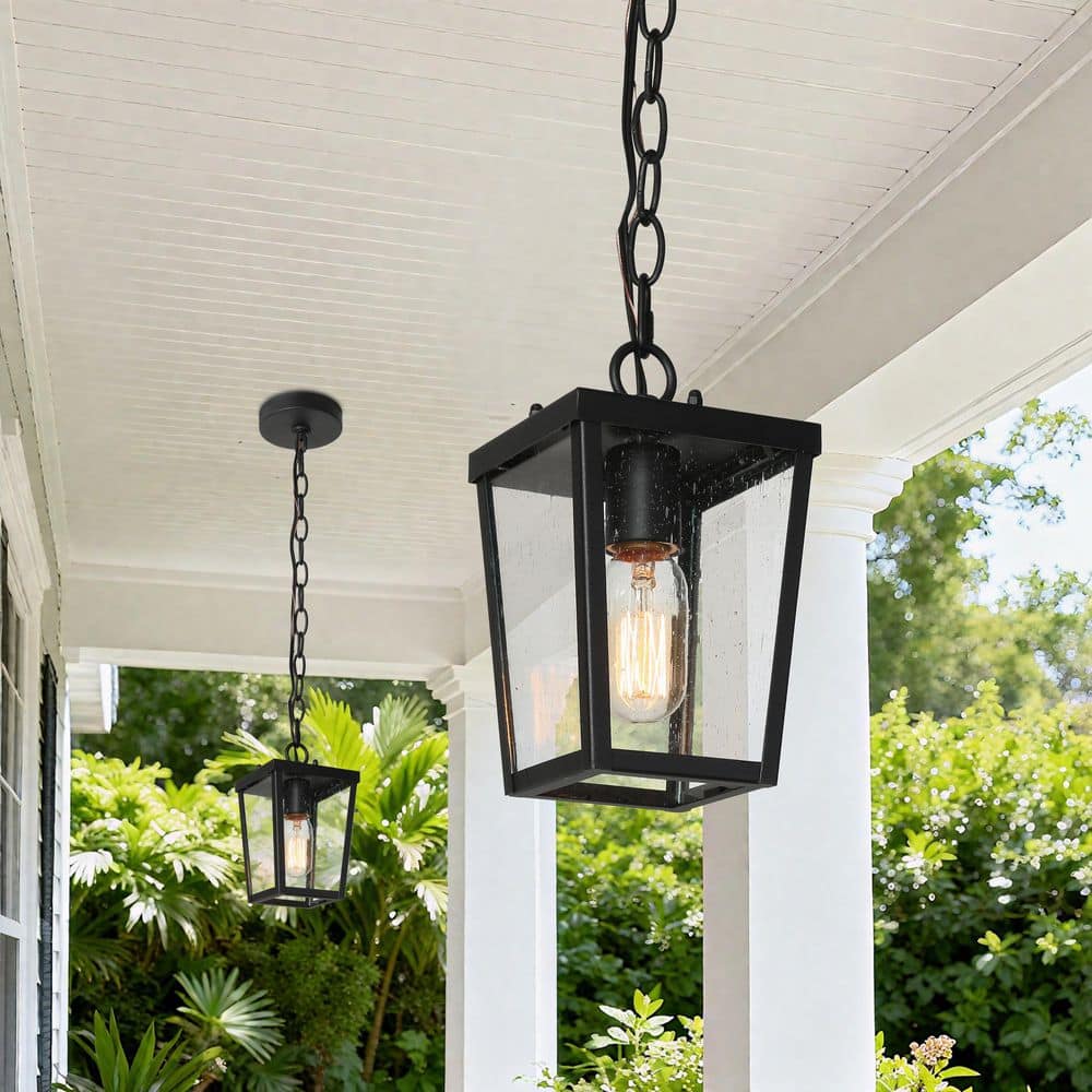 Modern Coastal Black 1-Light Lantern Outdoor Pendant Light with Seeded Glass shade Mini Hanging Pendant for Patio Porch price history on PriceWatchPro