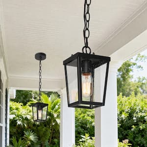 Modern Coastal Black 1-Light Lantern Outdoor Pendant Light with Seeded Glass shade Mini Hanging Pendant for Patio Porch