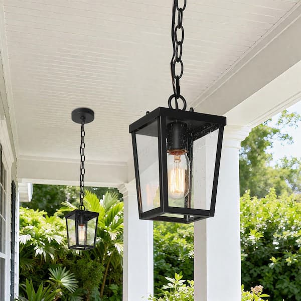 LNC Modern Coastal Black 1-Light Lantern Outdoor Pendant Light with Seeded Glass shade Mini Hanging Pendant for Patio Porch